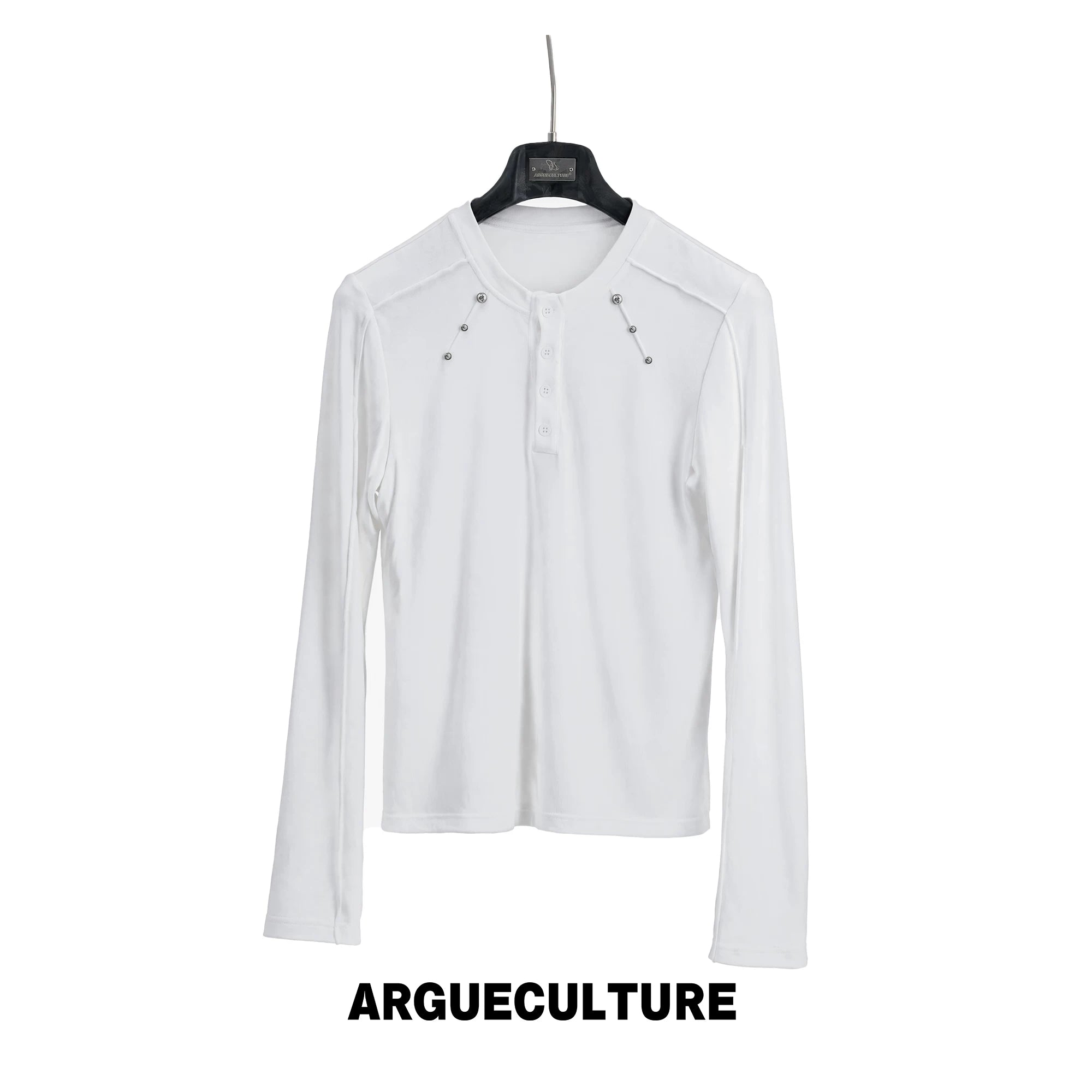 Studded Fitted Henley Long-Sleeve Top | Streetwear - White Top - In Stock