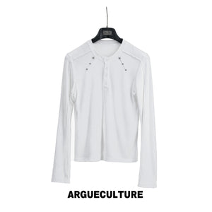 Studded Fitted Henley Long-Sleeve Top | Streetwear - White Top - In Stock