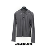 Studded Fitted Henley Long-Sleeve Top | Streetwear - Gray Top - In Stock