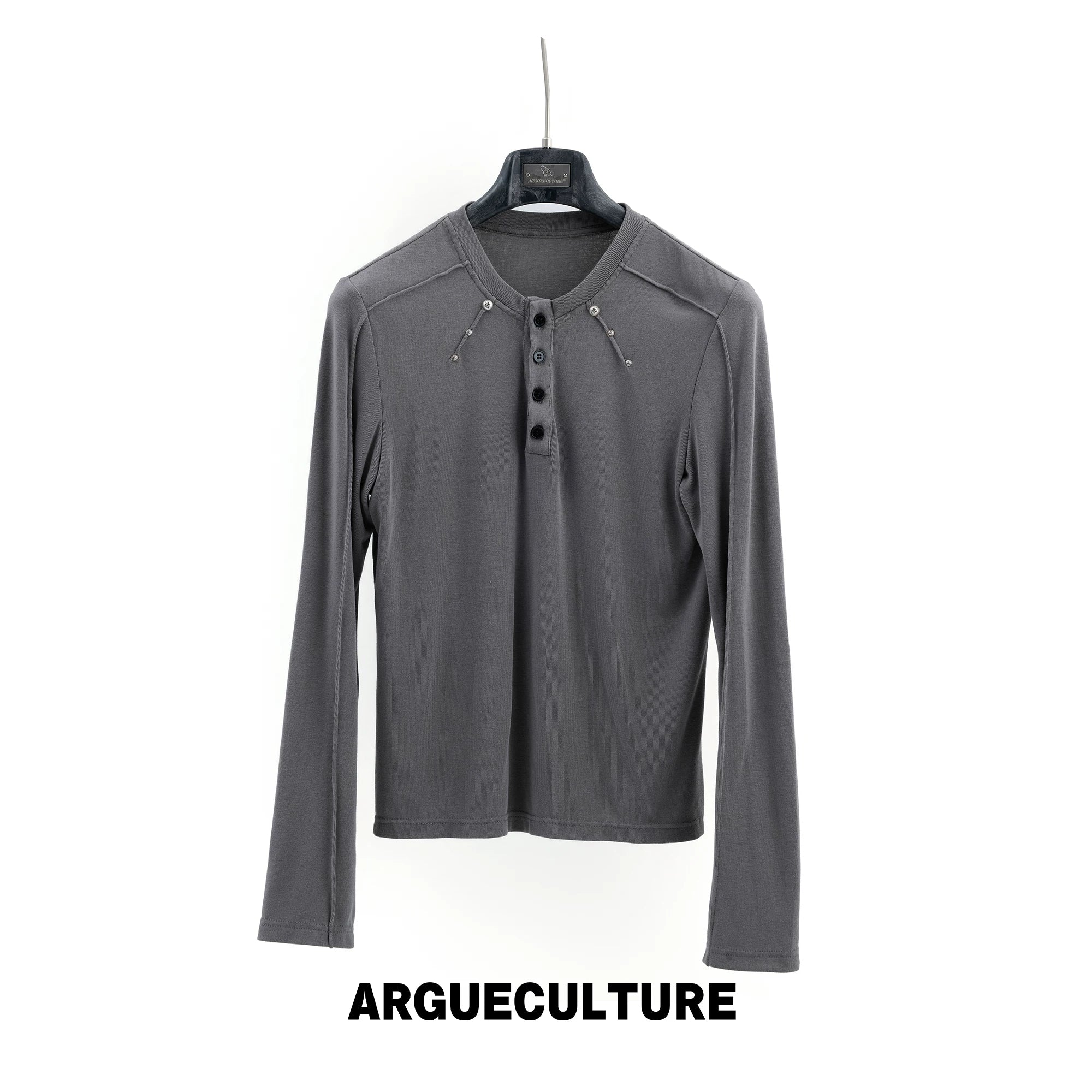Studded Fitted Henley Long-Sleeve Top | Streetwear - Gray Top - In Stock