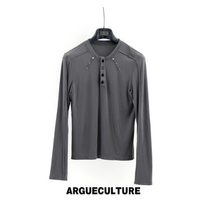 Studded Fitted Henley Long-Sleeve Top | Streetwear - Gray Top - Preorder