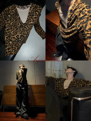 Leopard Print Mock Two-Piece V-Neck Long-Sleeve Top - main image 3