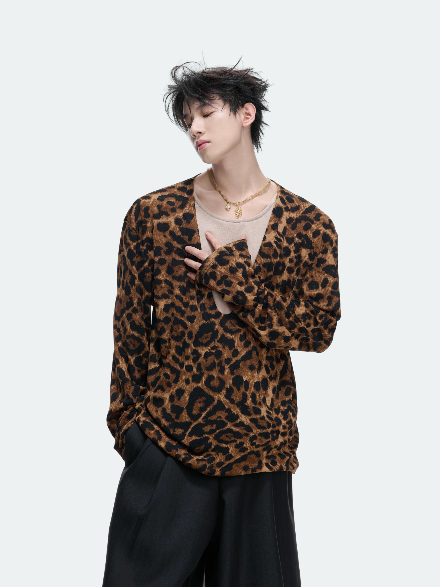 Leopard Print Mock Two-Piece V-Neck Long-Sleeve Top - main image 5