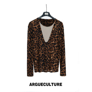 Leopard Print Mock Two-Piece V-Neck Long-Sleeve Top - Brown Top — In Stock