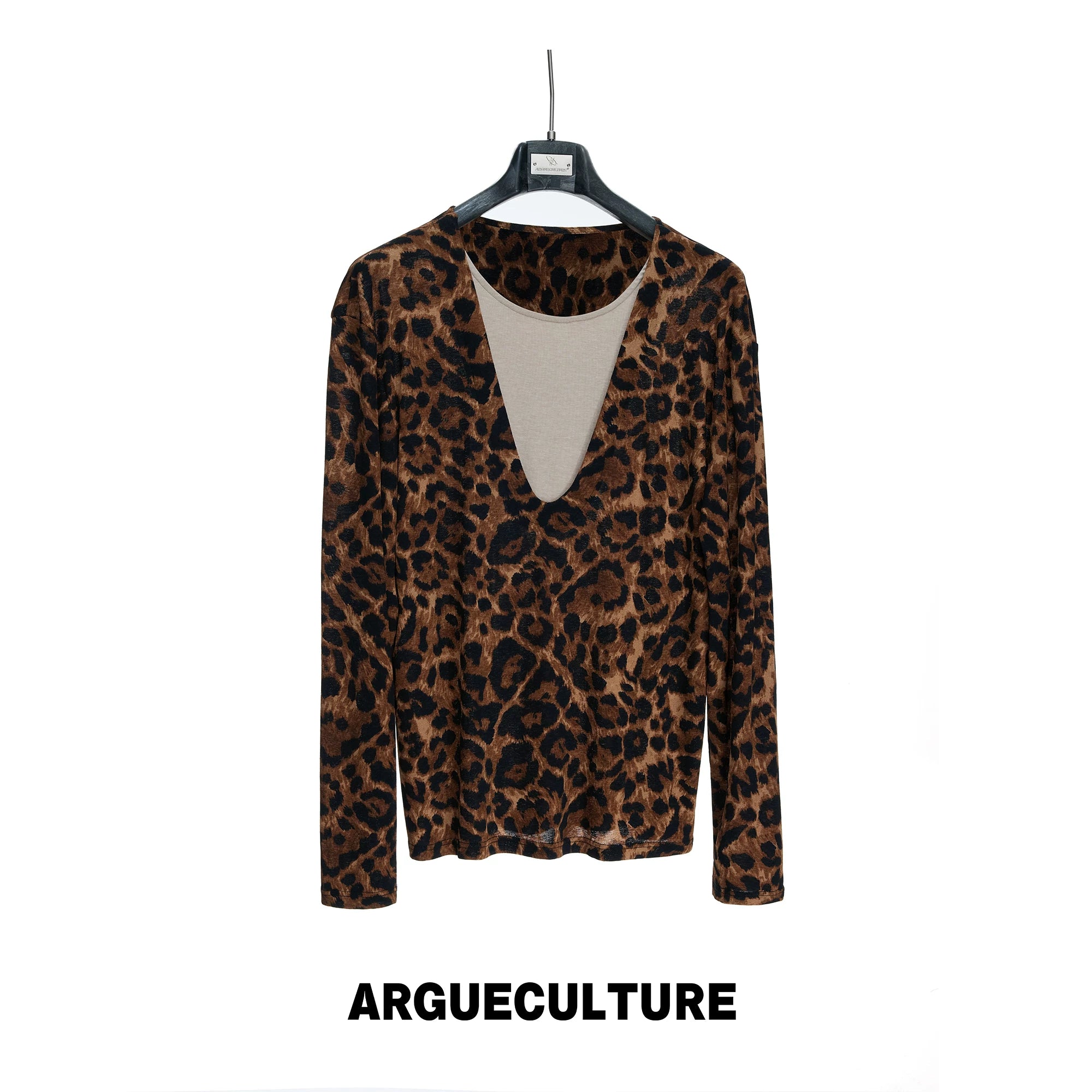 Leopard Print Mock Two-Piece V-Neck Long-Sleeve Top - Brown Top — Preorder