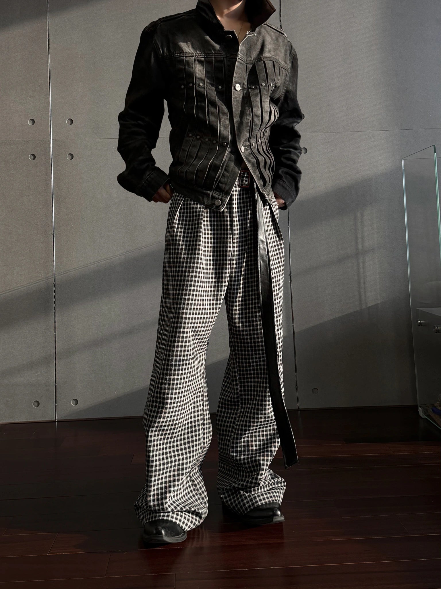 Microcheck Flared Trousers with Adjustable Sash Belt - main image 1