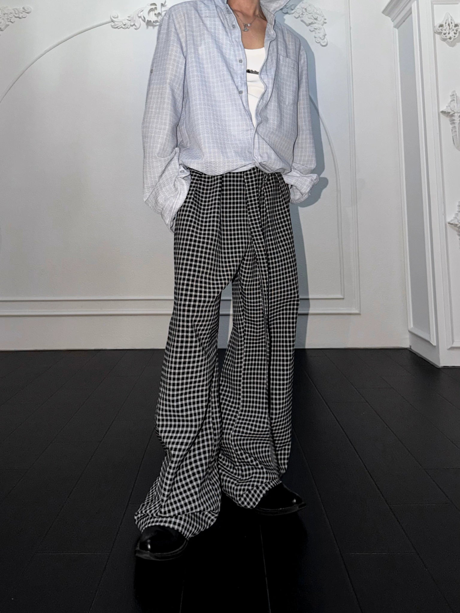 Microcheck Flared Trousers with Adjustable Sash Belt - main image 2