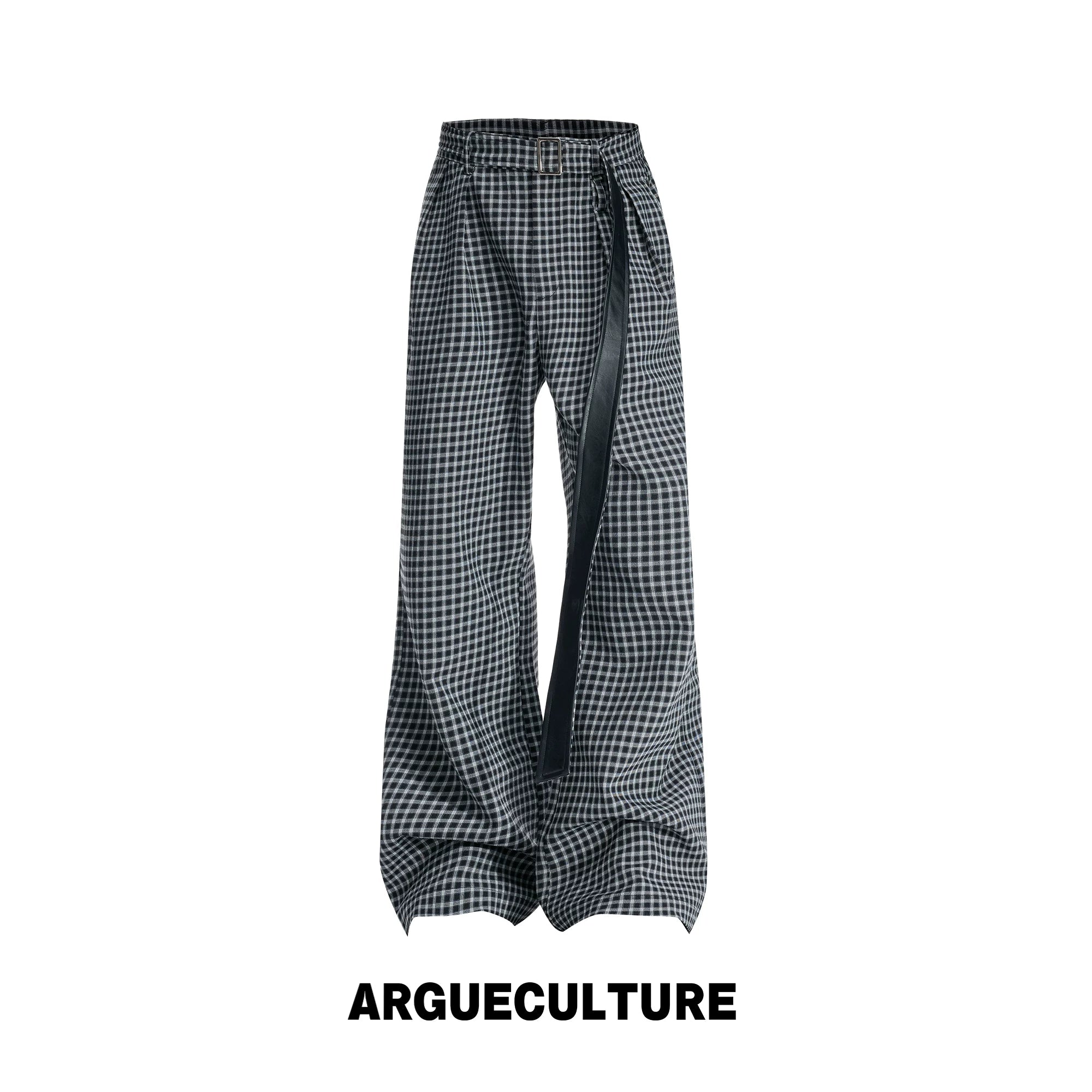 Microcheck Flared Trousers with Adjustable Sash Belt - Preorder Black Trousers