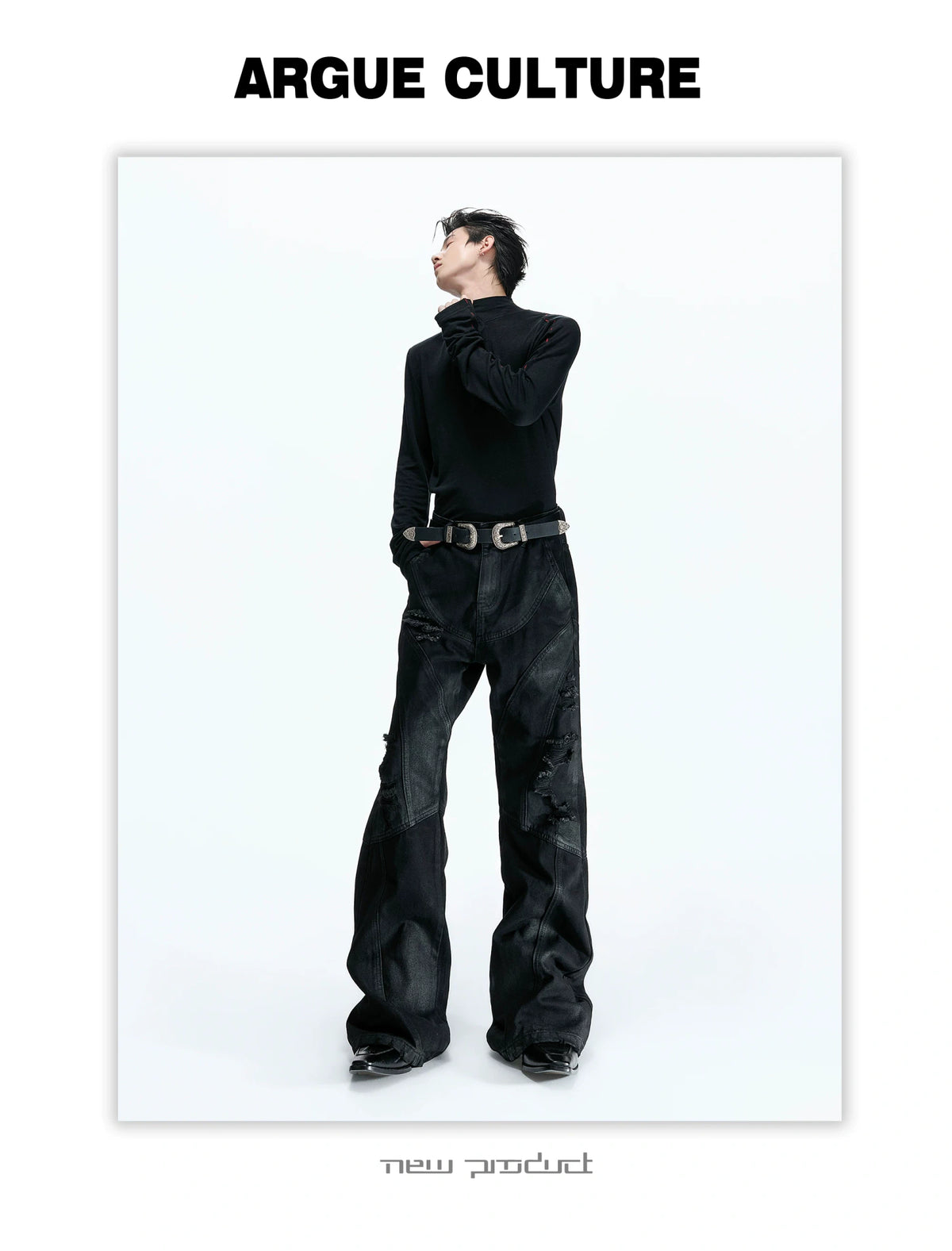 Wax-Coated Distressed Micro-Flare Jeans in Black - description image 5