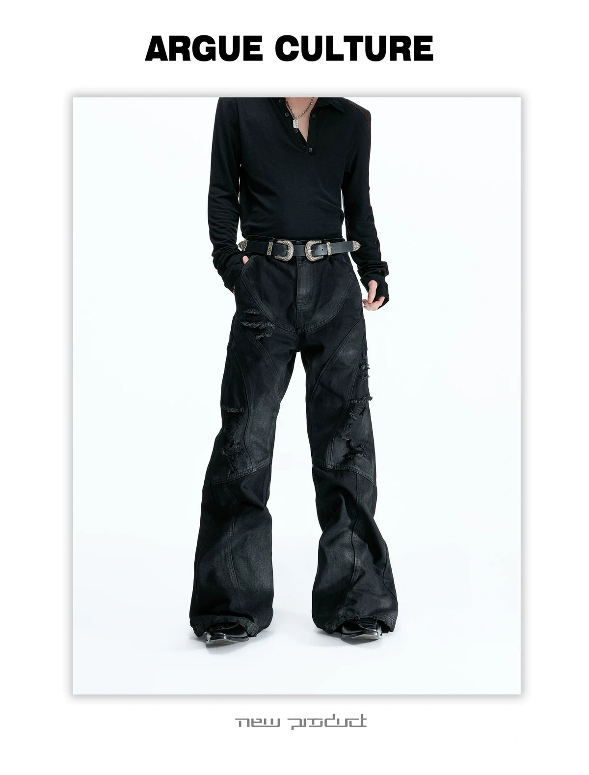 Wax-Coated Distressed Micro-Flare Jeans in Black - description image 6