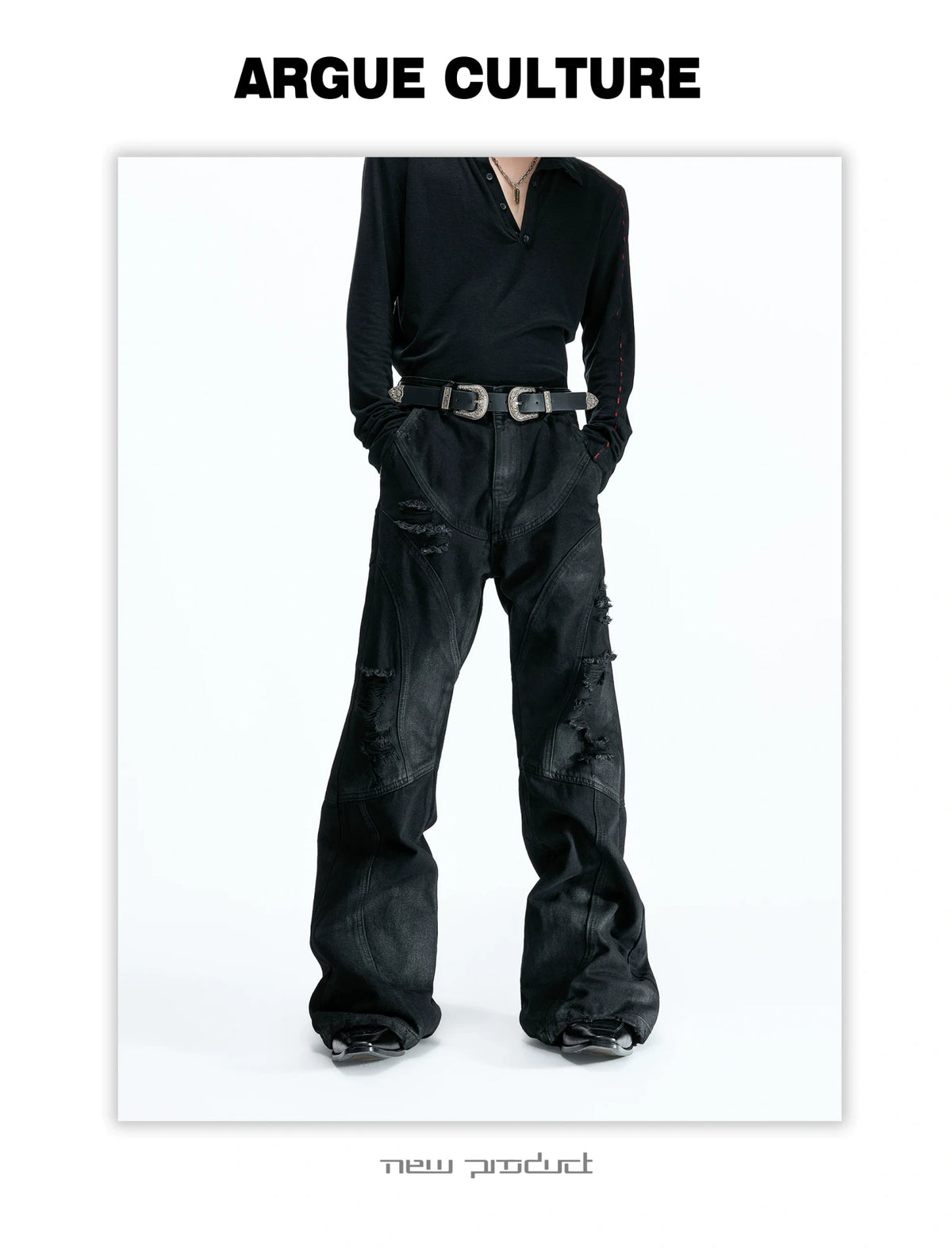 Wax-Coated Distressed Micro-Flare Jeans in Black - description image 7
