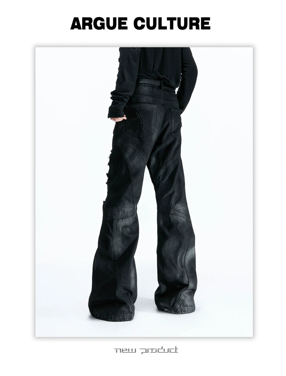 Wax-Coated Distressed Micro-Flare Jeans in Black - description image 9
