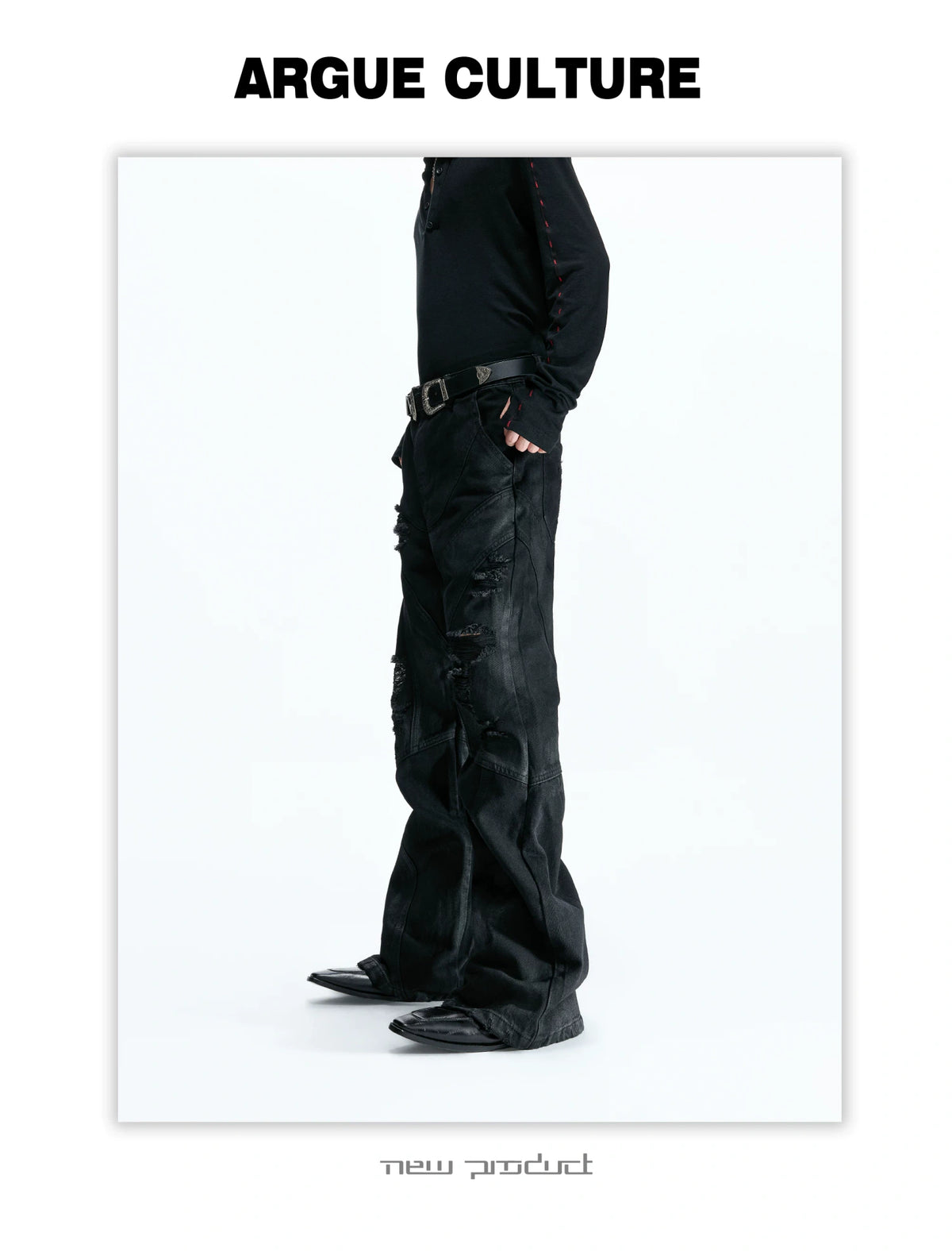 Wax-Coated Distressed Micro-Flare Jeans in Black - description image 10