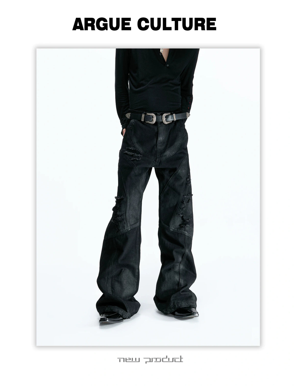 Wax-Coated Distressed Micro-Flare Jeans in Black - description image 11