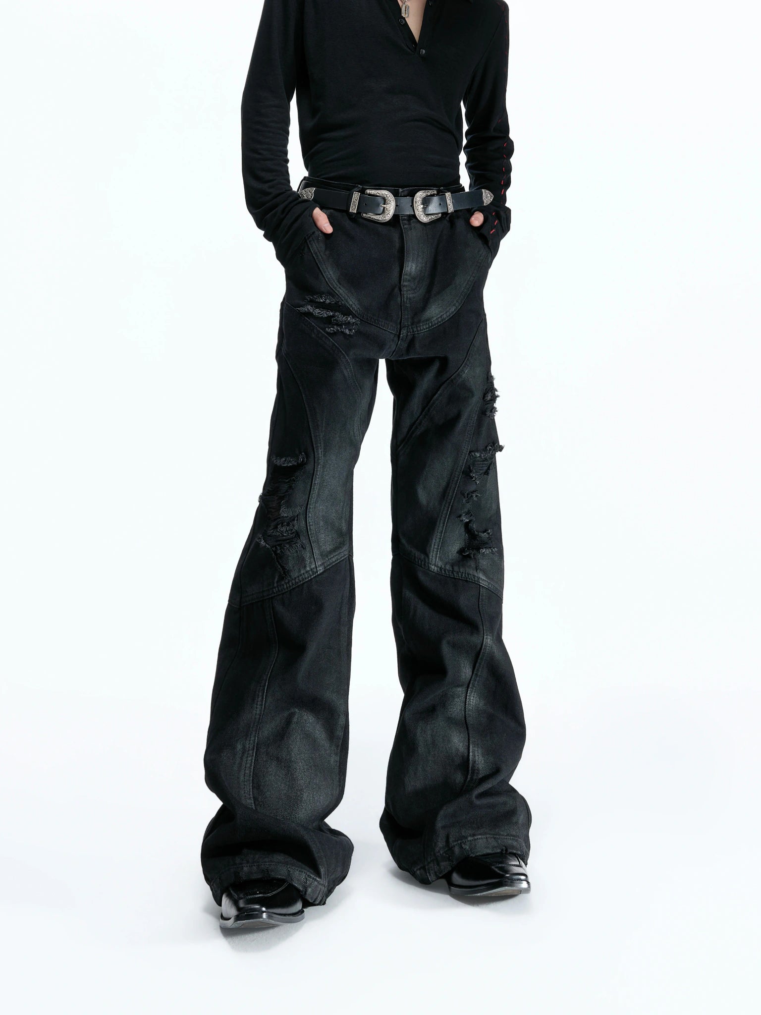 Wax-Coated Distressed Micro-Flare Jeans in Black - main image 1