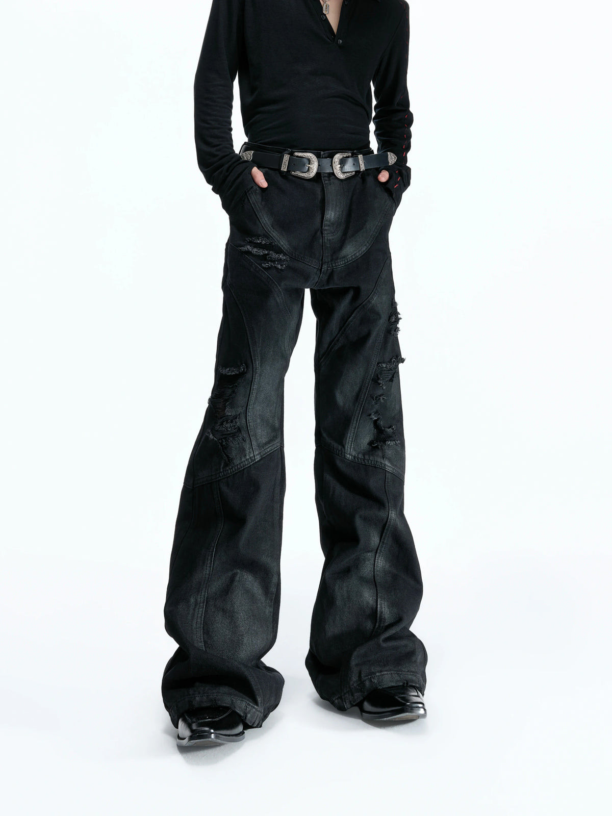 Wax-Coated Distressed Micro-Flare Jeans in Black - main image 1
