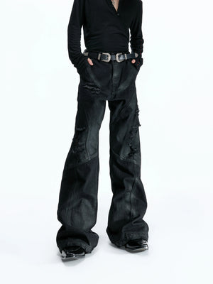 Wax-Coated Distressed Micro-Flare Jeans in Black - main image 1