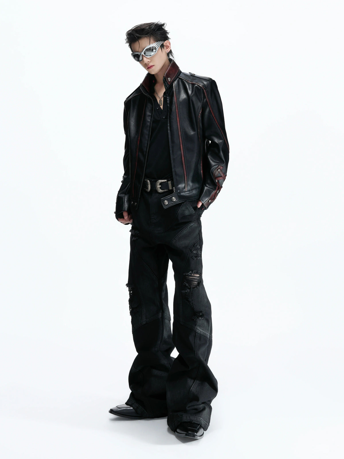 Wax-Coated Distressed Micro-Flare Jeans in Black - main image 3