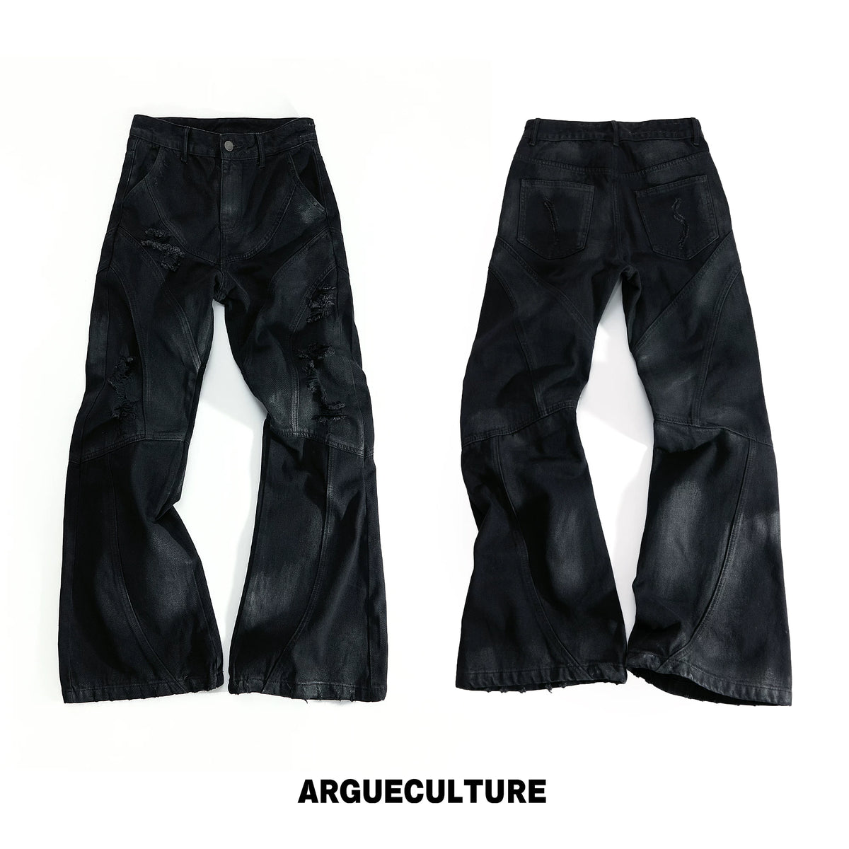 Wax-Coated Distressed Micro-Flare Jeans in Black - Black