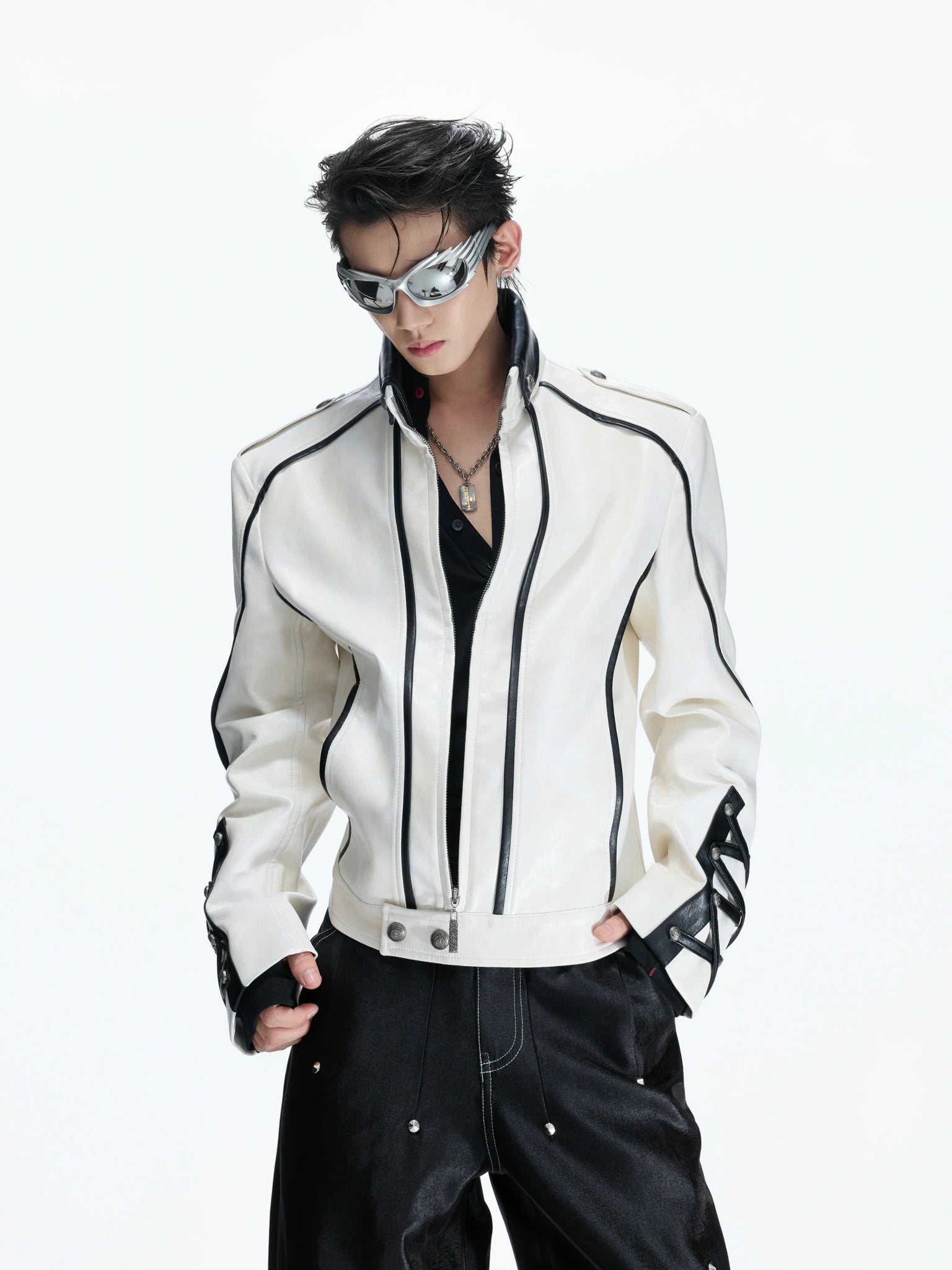 Cropped Faux Leather Biker Jacket With Lace-Up Cuffs - main image 1