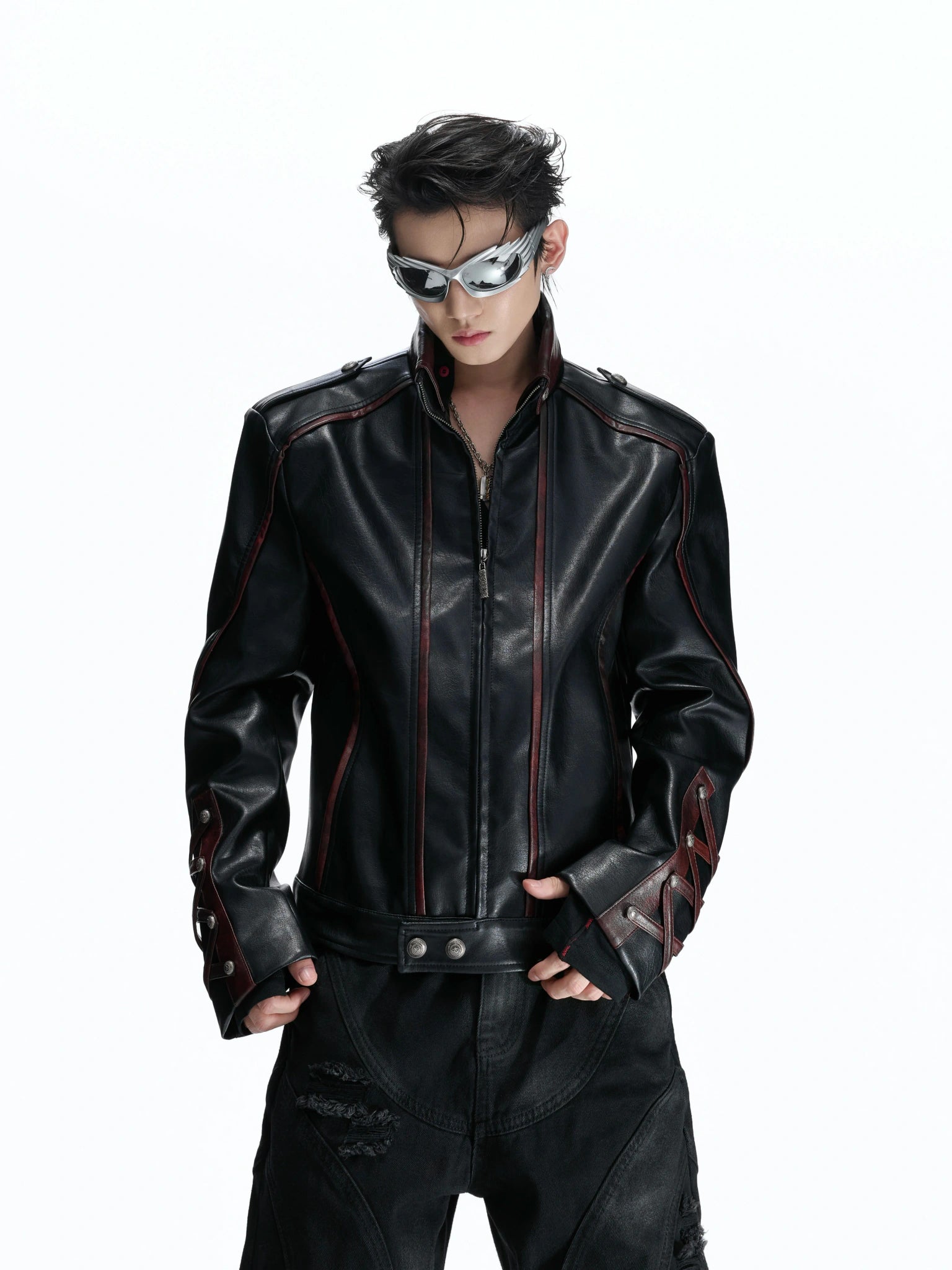 Cropped Faux Leather Biker Jacket With Lace-Up Cuffs - main image 2