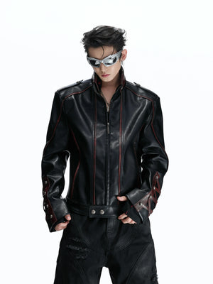 Cropped Faux Leather Biker Jacket With Lace-Up Cuffs - main image 2
