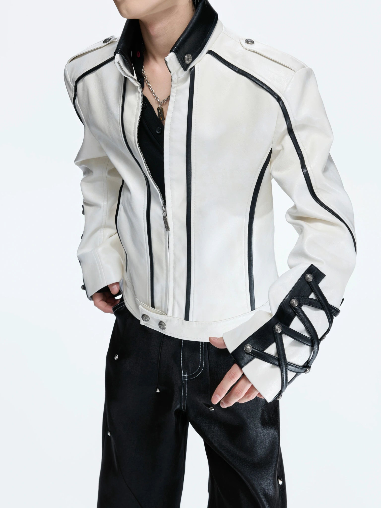 Cropped Faux Leather Biker Jacket With Lace-Up Cuffs - main image 3