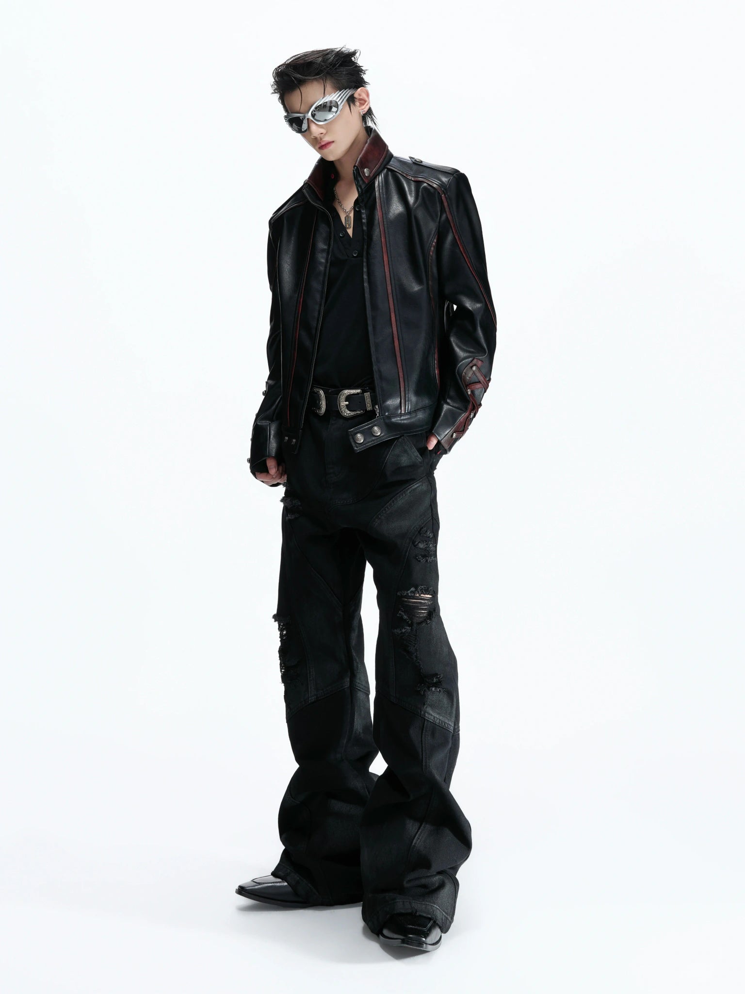 Cropped Faux Leather Biker Jacket With Lace-Up Cuffs - main image 4