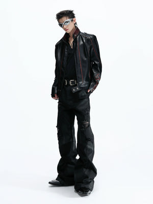 Cropped Faux Leather Biker Jacket With Lace-Up Cuffs - main image 4