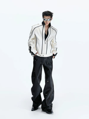 Cropped Faux Leather Biker Jacket With Lace-Up Cuffs - main image 5