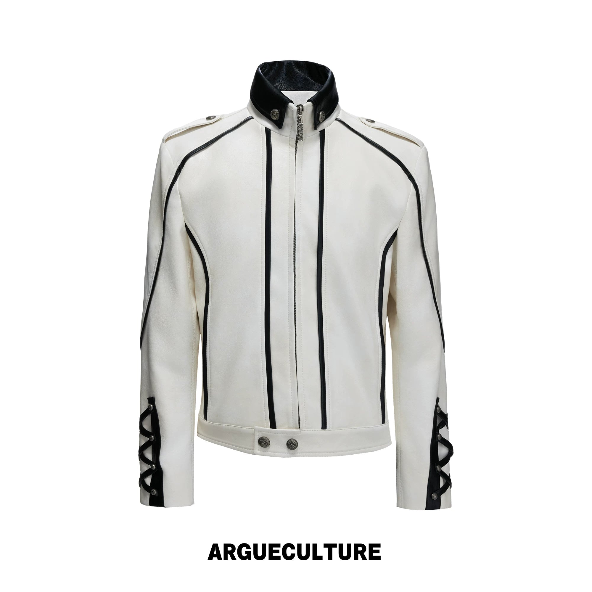 Cropped Faux Leather Biker Jacket With Lace-Up Cuffs - White