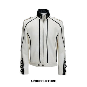 Cropped Faux Leather Biker Jacket With Lace-Up Cuffs - White