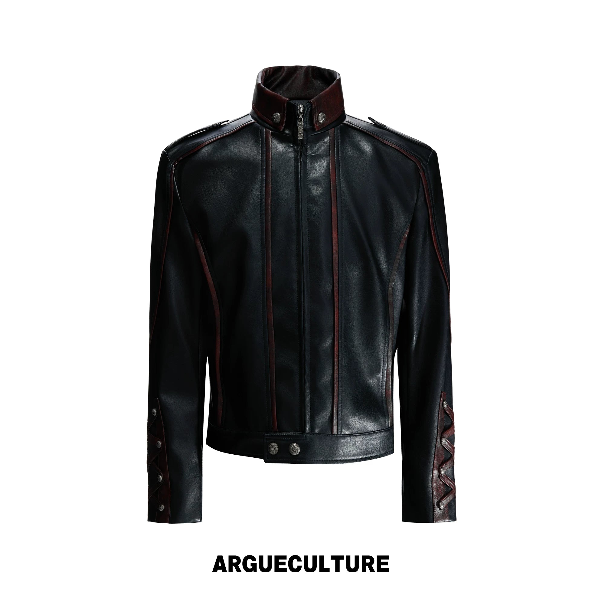 Cropped Faux Leather Biker Jacket With Lace-Up Cuffs - Black