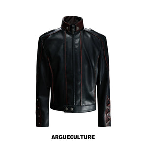 Cropped Faux Leather Biker Jacket With Lace-Up Cuffs - Black
