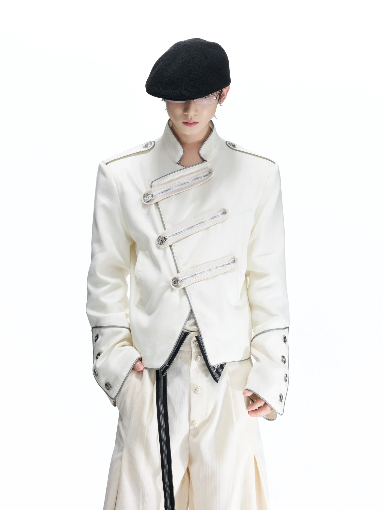 Stand-Collar Asymmetric Zip Cropped Jacket - main image 1