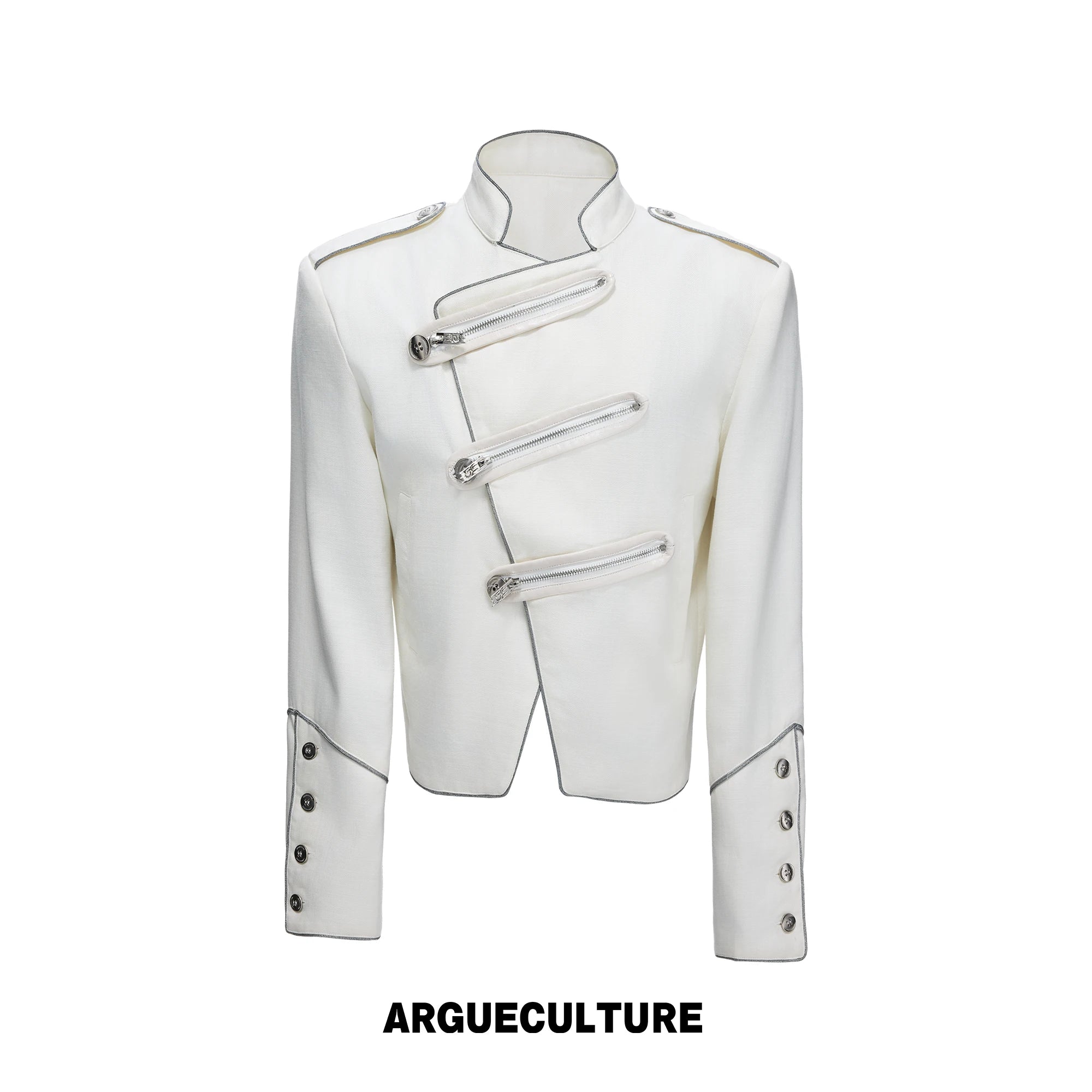 Stand-Collar Asymmetric Zip Cropped Jacket - White