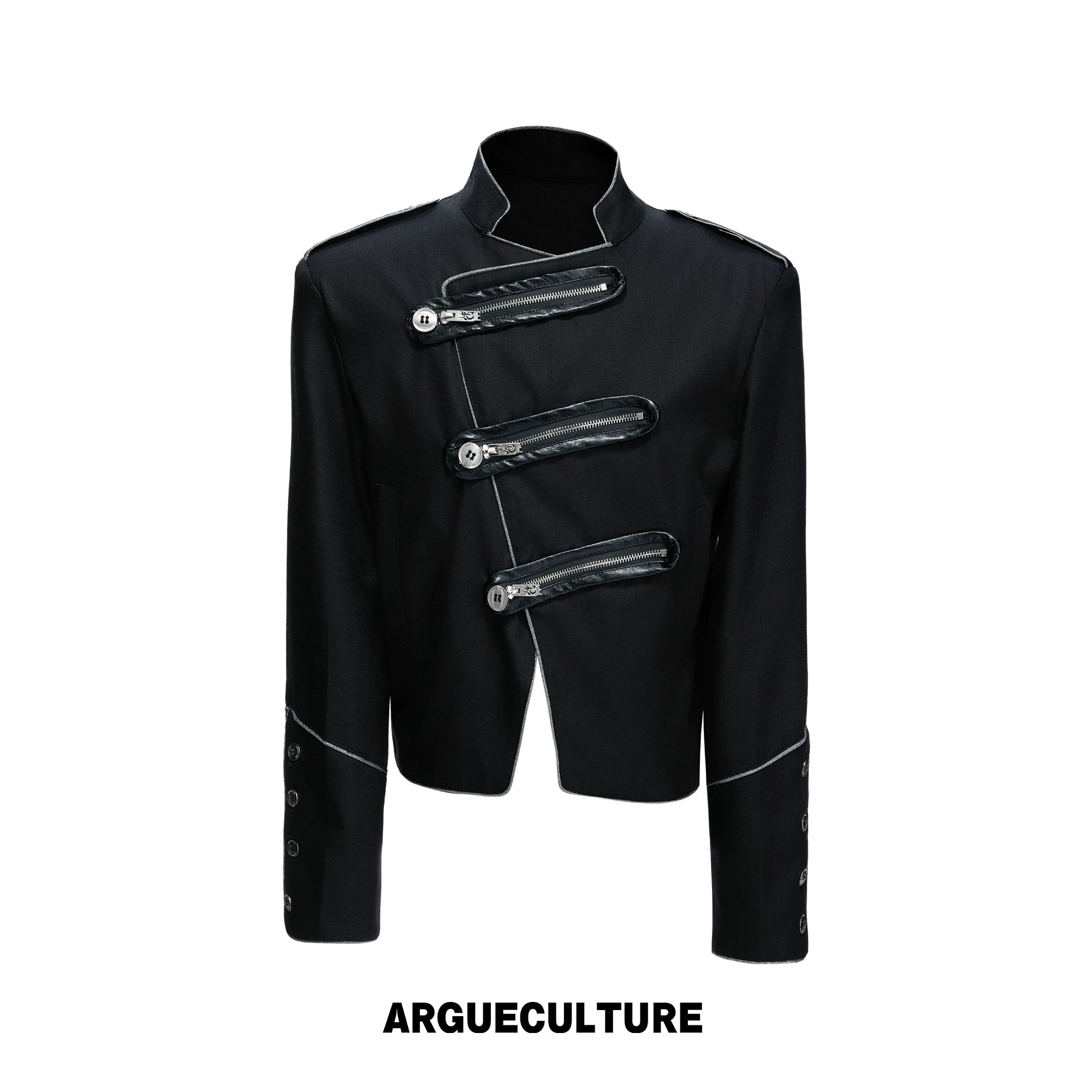 Stand-Collar Asymmetric Zip Cropped Jacket - Black