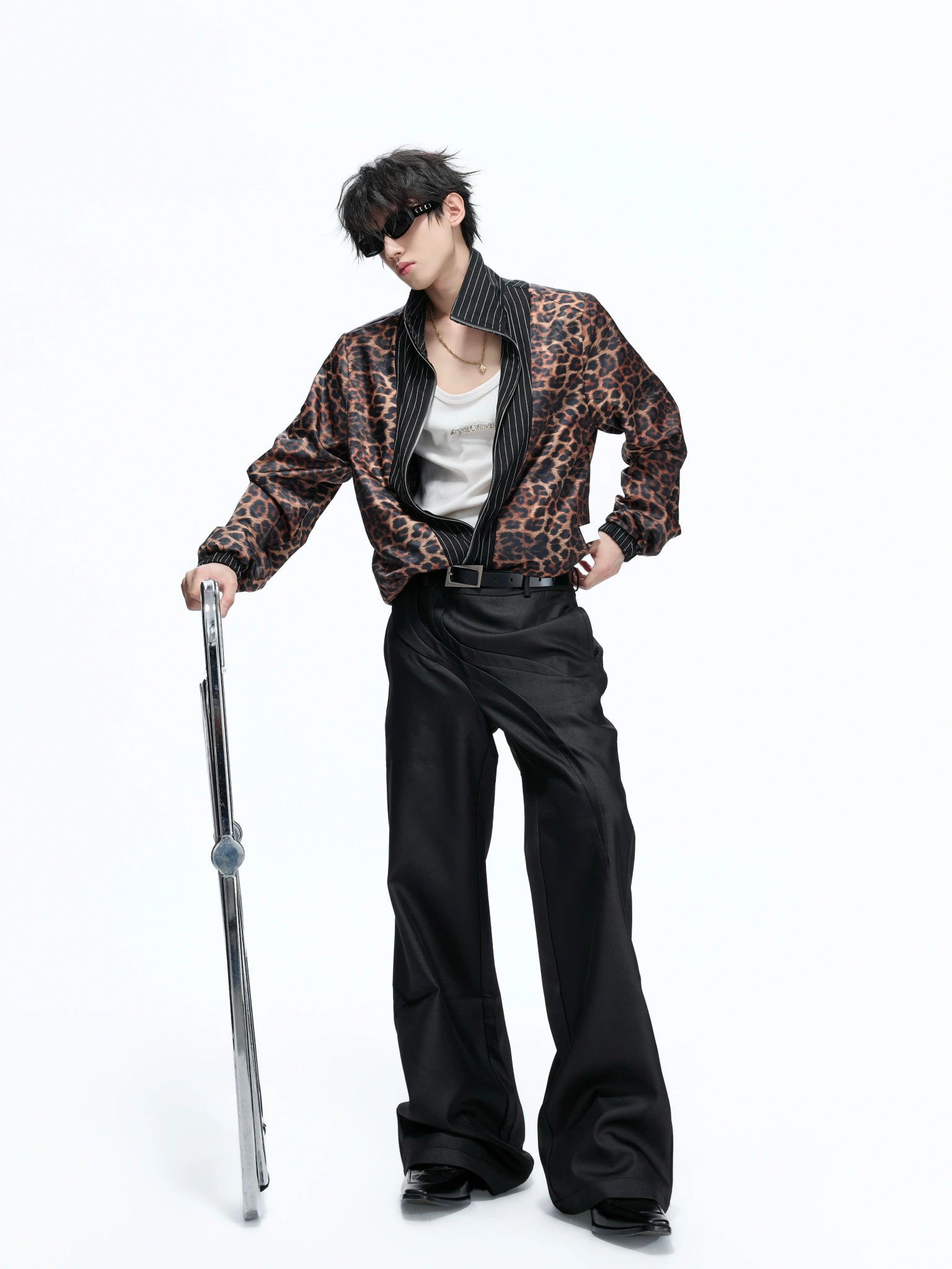 Striped Stand-Collar Jacket with Leopard Lining - main image 1