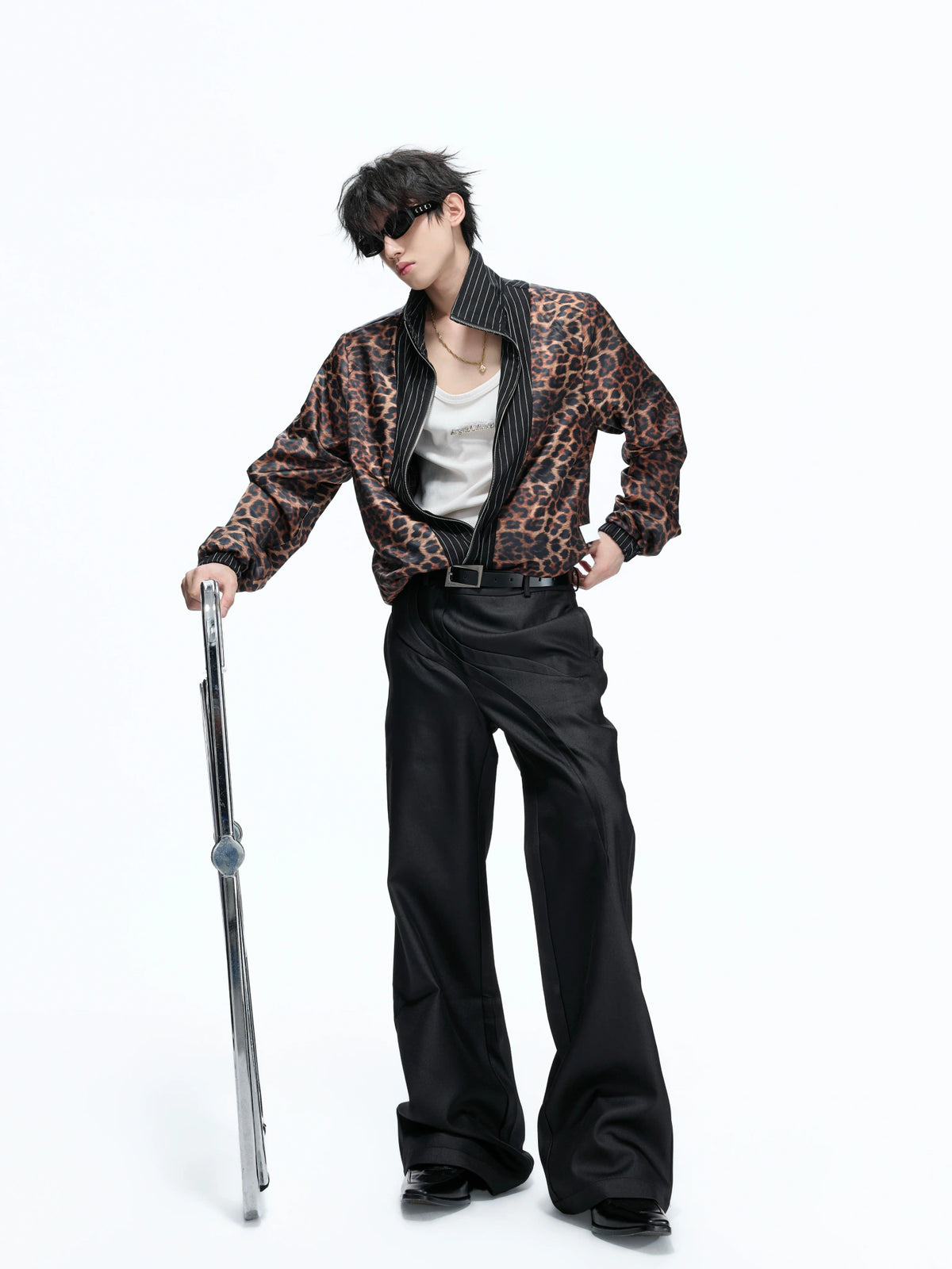 Striped Stand-Collar Jacket with Leopard Lining - main image 1