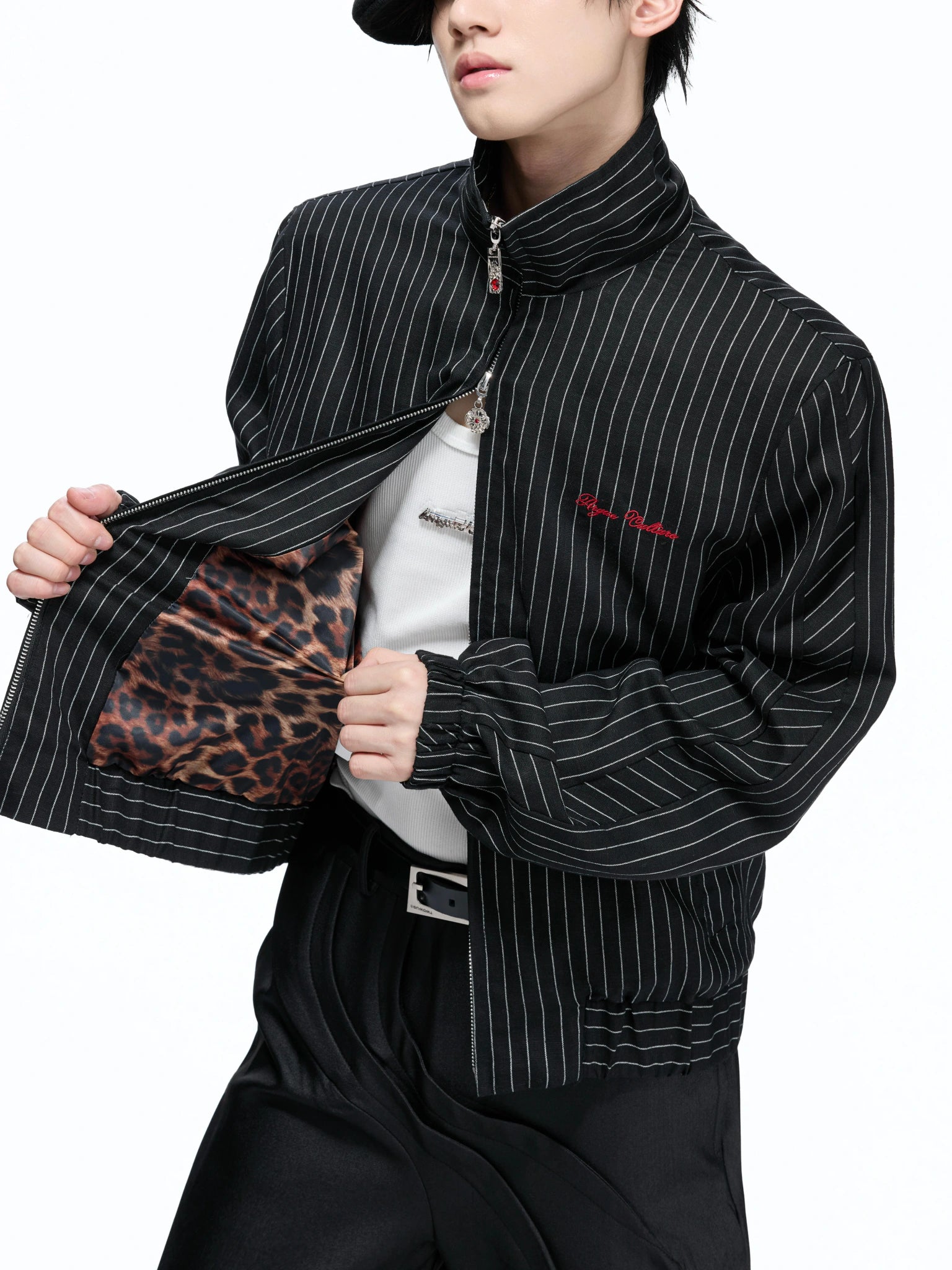 Striped Stand-Collar Jacket with Leopard Lining - main image 2