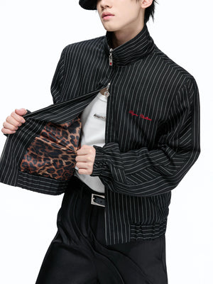 Striped Stand-Collar Jacket with Leopard Lining - main image 2