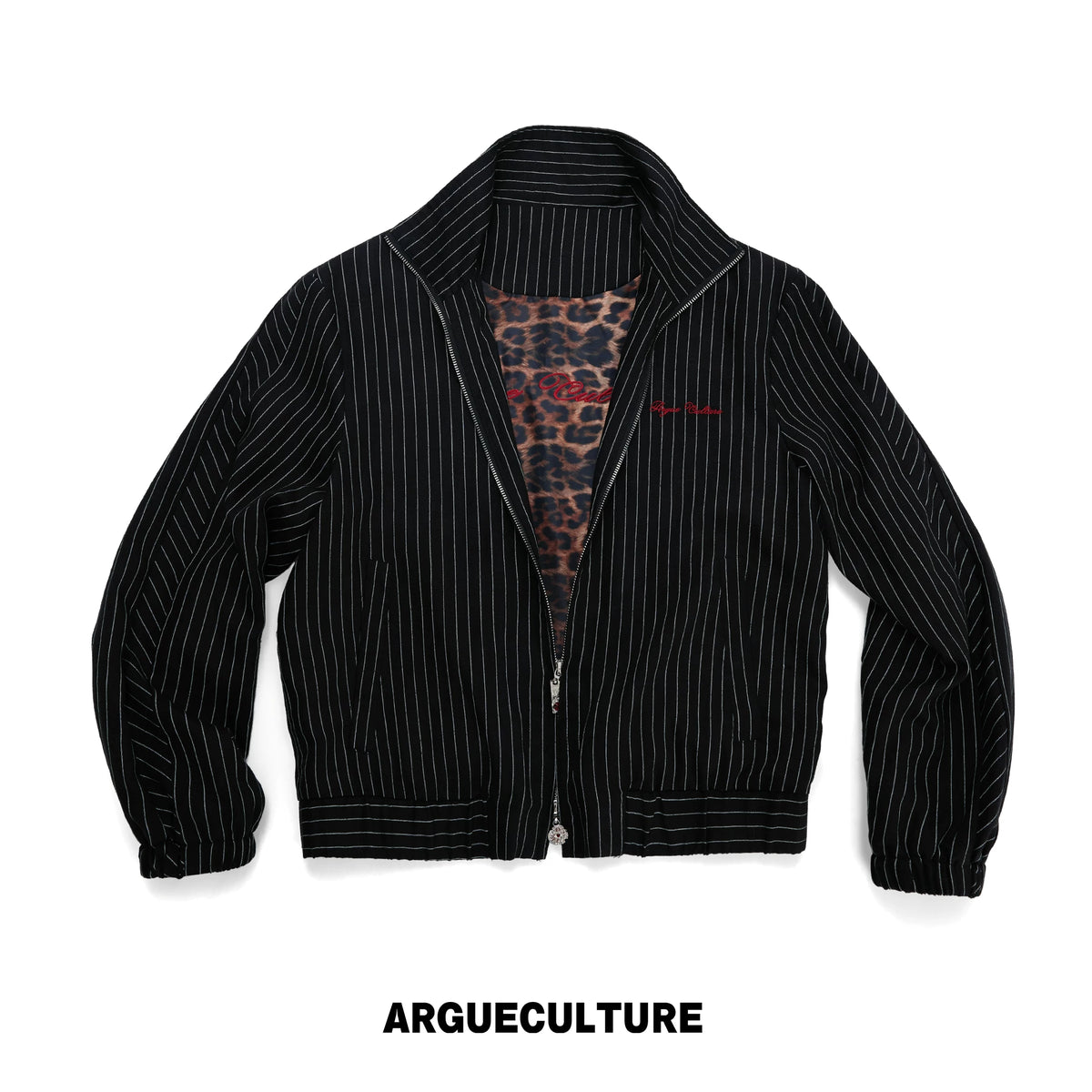 Striped Stand-Collar Jacket with Leopard Lining - Black