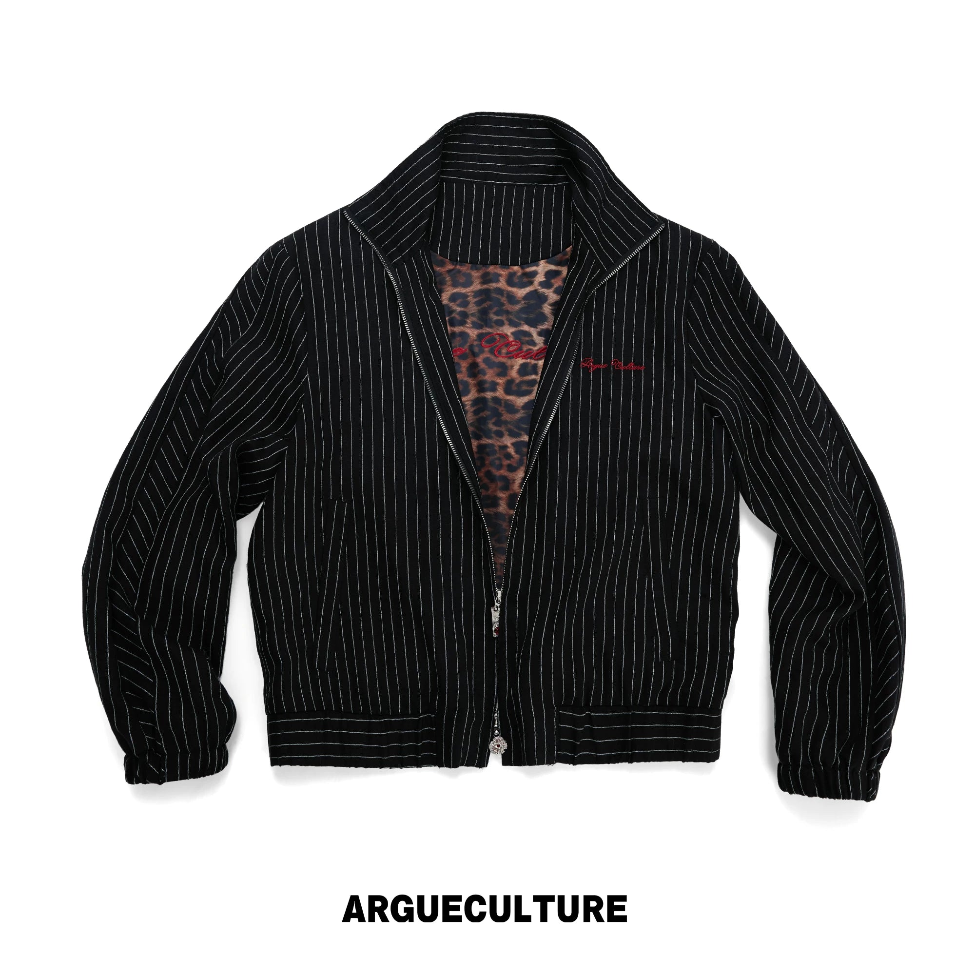 Striped Stand-Collar Jacket with Leopard Lining - Black