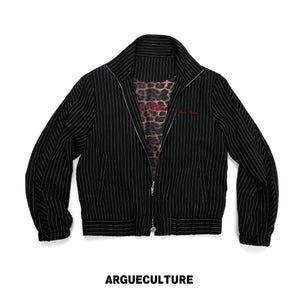 Striped Stand-Collar Jacket with Leopard Lining - Black