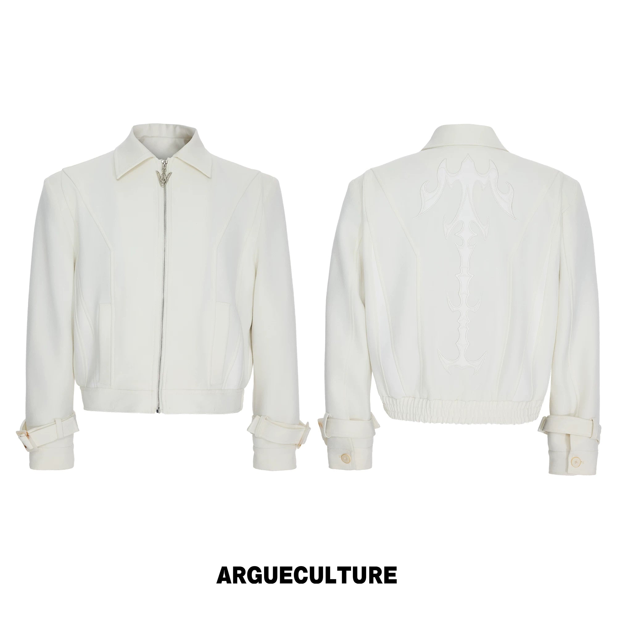 Spine Embroidered Cropped Structured Shoulder Jacket - White