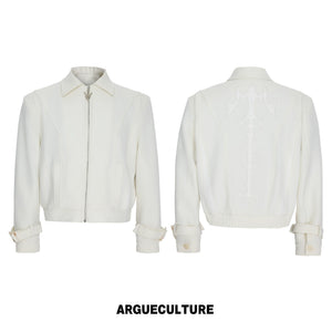 Spine Embroidered Cropped Structured Shoulder Jacket - White