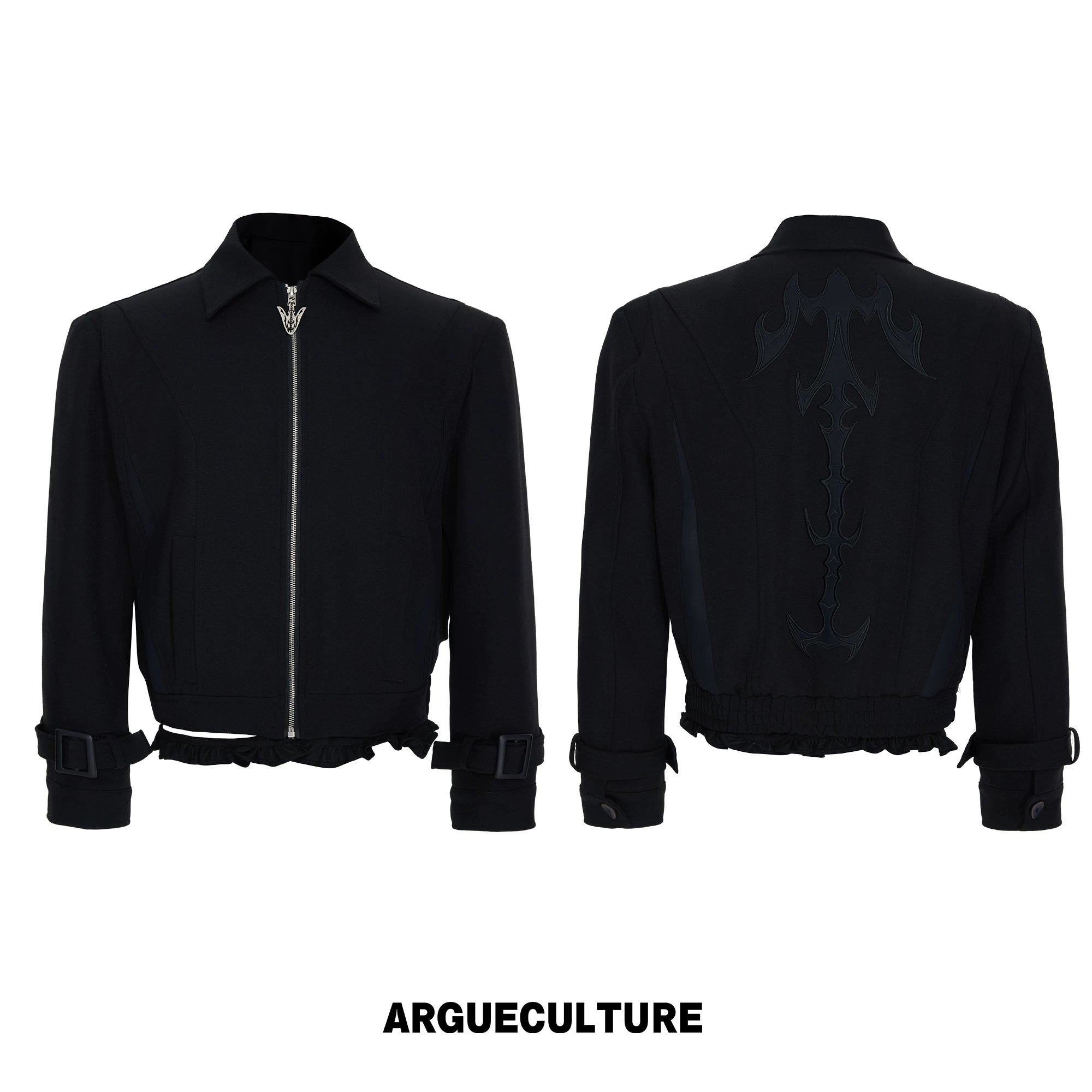 Spine Embroidered Cropped Structured Shoulder Jacket - Black