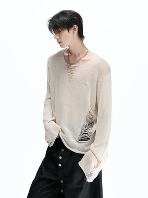 Frayed Open-Knit V-Neck Sweater in Linen Blend - main image 1