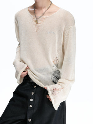 Frayed Open-Knit V-Neck Sweater in Linen Blend - main image 3