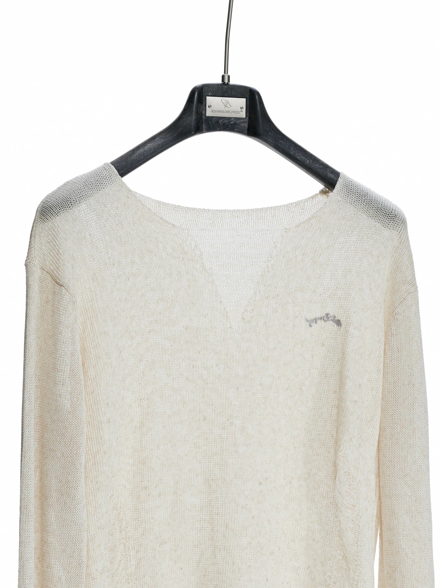 Frayed Open-Knit V-Neck Sweater in Linen Blend - main image 5